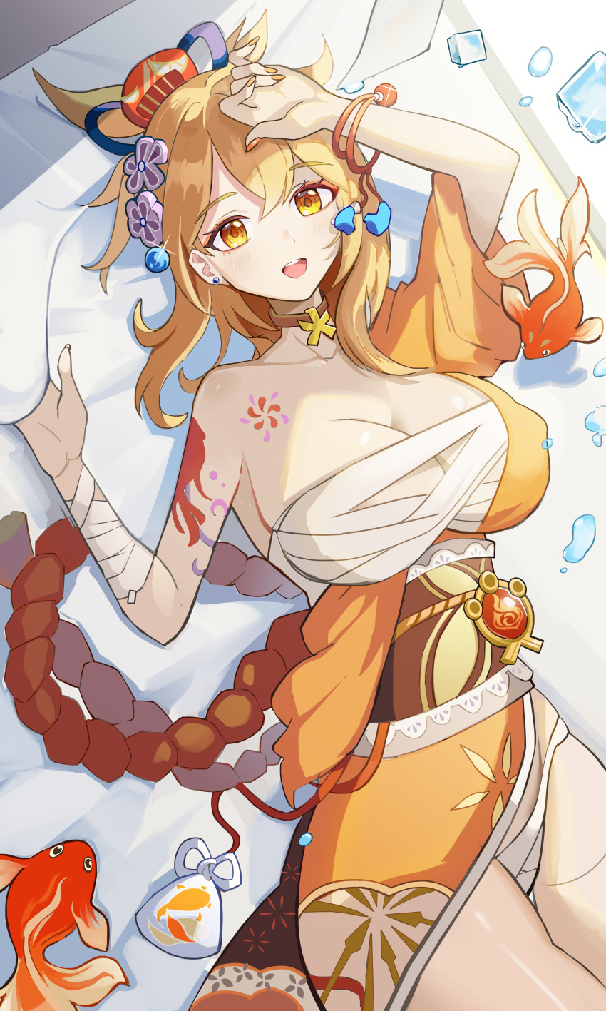 absurdres arm_tattoo bandages bell blonde_hair breasts choker cleavage earrings female fireworks genshin_impact hair_bell hair_bun hair_ornament highres ice jewelry koi large_breasts looking_at_viewer niunai on_bed open_mouth orange_bracelet orange_eyes pouch sarashi smile solo star_(symbol) star_choker tattoo yoimiya_(genshin_impact)