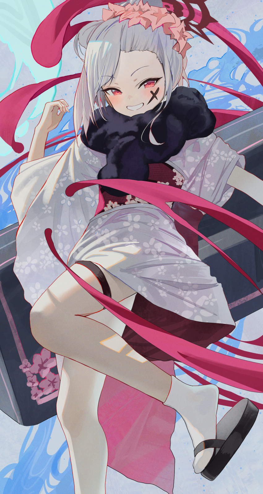 absurdres blue_archive blush commentary_request female floral_print flower foot_out_of_frame grey_hair grin hair_flower hair_ornament halo hidulume highres japanese_clothes kimono long_hair looking_at_viewer mutsuki_(blue_archive) mutsuki_(new_year)_(blue_archive) obi official_alternate_costume pink_flower print_kimono red_eyes red_halo sandals sash smile socks solo thigh_strap white_kimono white_socks zouri