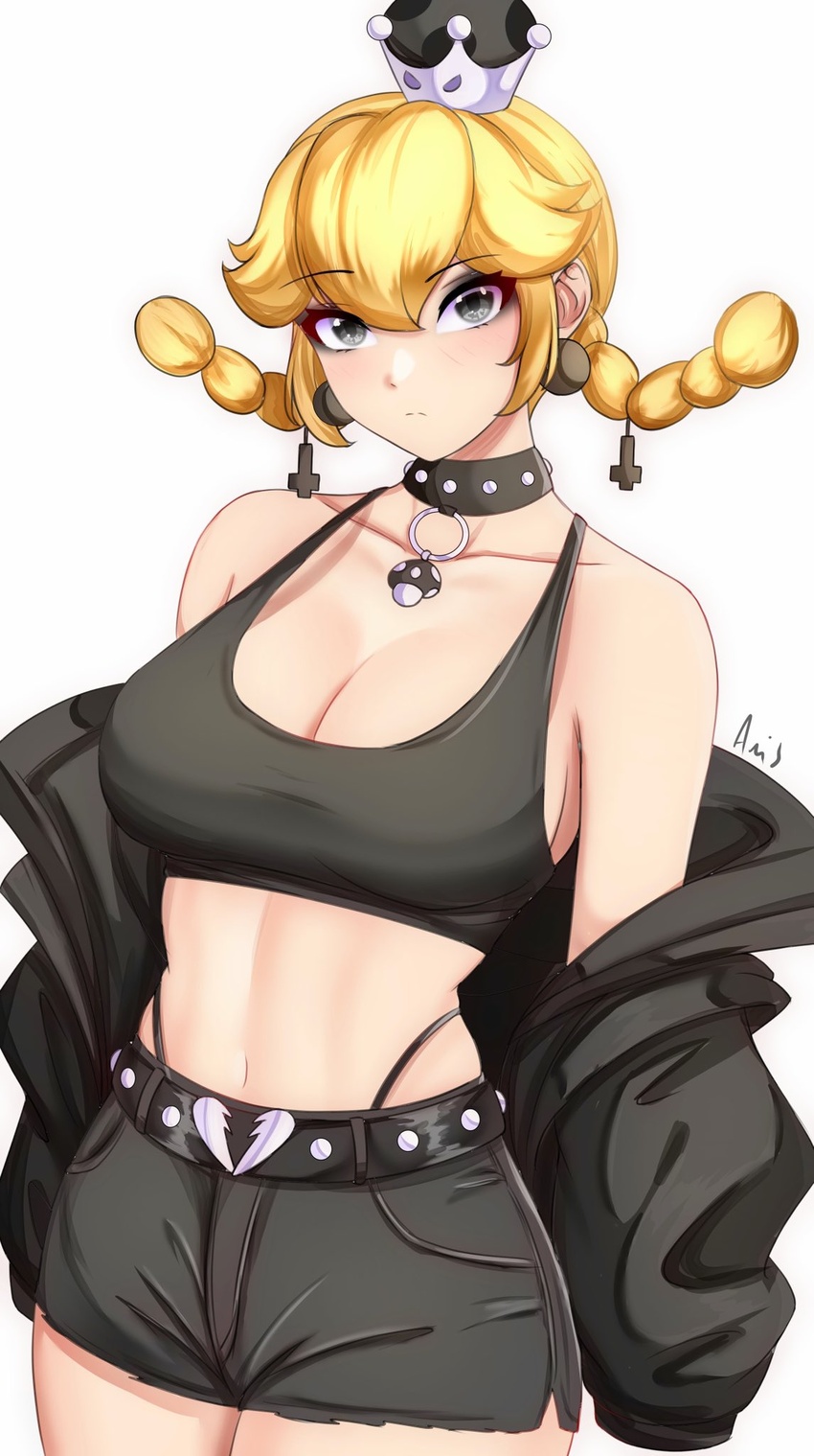 anisdrawn bare_shoulders belt black_belt black_choker black_eyes black_jacket black_shorts black_sports_bra blonde_hair braid breasts choker commentary_request cowboy_shot crop_top crown eyeshadow female goth_fashion highres jacket long_hair looking_at_viewer makeup mario_(series) midriff mini_crown navel new_super_mario_bros._u_deluxe off_shoulder open_clothes open_jacket peachette short_shorts shorts simple_background solo sports_bra standing stomach twin_braids white_background