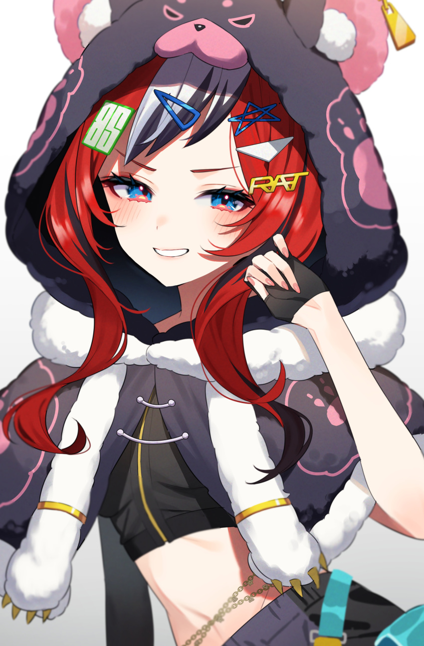 absurdres animal_ears animal_hood aotake_iro belt black_capelet black_gloves black_hair black_shorts black_tube_top blue_eyes blush breasts capelet female fingerless_gloves fur-trimmed_capelet fur_trim gloves hair_ornament hairclip hakos_baelz hakos_baelz_(casual) highres hololive hololive_english hood hood_up hooded_capelet long_hair looking_at_viewer mouse_ears mouse_girl mouse_hood multicolored_hair nail_polish navel number_hair_ornament official_alternate_costume open_mouth pink_nails red_hair shorts sidelocks simple_background small_breasts smile solo star_(symbol) star_hair_ornament stomach strapless streaked_hair tasmanian_devil tube_top virtual_youtuber white_background white_hair yellow_belt