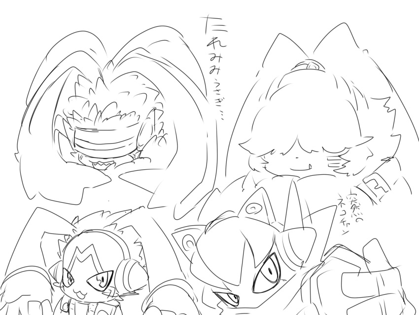 4:3 :3 angoramon anthro appmon_(species) bandai_namco belt digimon digimon_(species) duo electronics hair hair_over_eyes headphones hi_res japanese_text long_ears male mkz_kabeuchi monochrome musimon ponytail_ears sketchy text visor