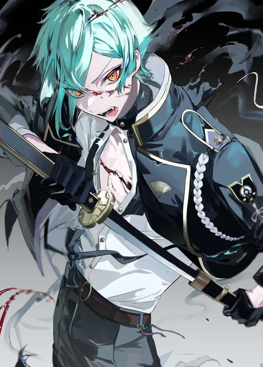 1boy absurdres angry aqua_hair bishounen black_jacket black_pants blood blood_on_face blood_splatter cuts fangs hair_over_one_eye highres hizamaru_(touken_ranbu) injury jacket katana kushiro_kuki looking_at_viewer male_focus open_clothes open_jacket open_mouth open_shirt orange_eyes pants standing sword touken_ranbu upper_body weapon