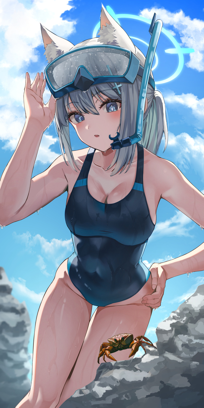 :o absurdres animal_ears aqua_eyes bare_legs blue_archive blue_sky blush breasts cleavage cloud collarbone competition_swimsuit crab feet_out_of_frame female goggles goggles_on_head groin halo highres lnji_(rnlwls34) looking_at_viewer medium_breasts mismatched_pupils official_alternate_costume one-piece_swimsuit outdoors ponytail shiroko_(blue_archive) shiroko_(swimsuit)_(blue_archive) sidelocks sky solo swimsuit two-tone_one-piece_swimsuit water_drop wolf_ears