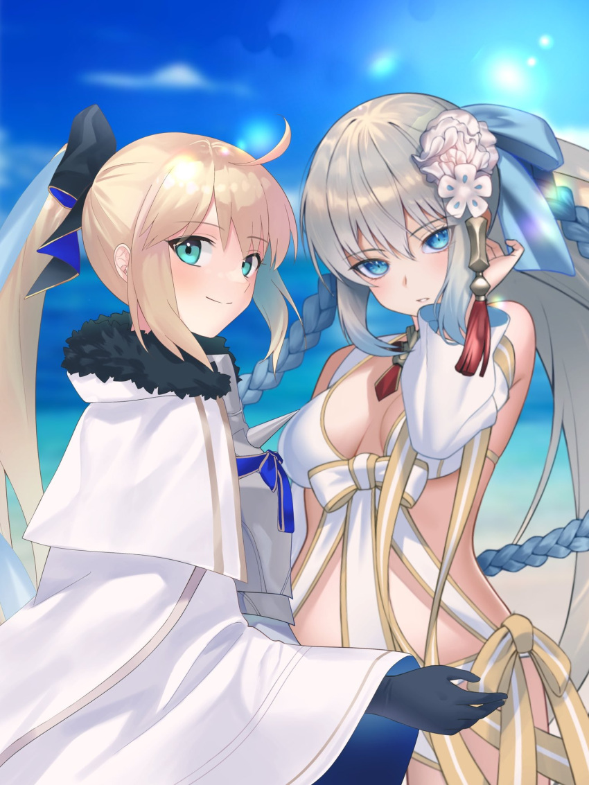 2girls aesc_(fate) aesc_(savior)_(fate) ahoge armor bikini black_gloves blonde_hair blue_eyes blurry blurry_background breastplate breasts detached_sleeves fate/grand_order fate_(series) flower fur-trimmed_robe fur_trim gloves grey_hair hair_flower hair_ornament highres l4st_resort long_hair medium_breasts morgan_le_fay_(fate) morgan_le_fay_(water_princess)_(fate) multiple_girls ponytail robe smile swimsuit white_bikini white_robe wide_sleeves