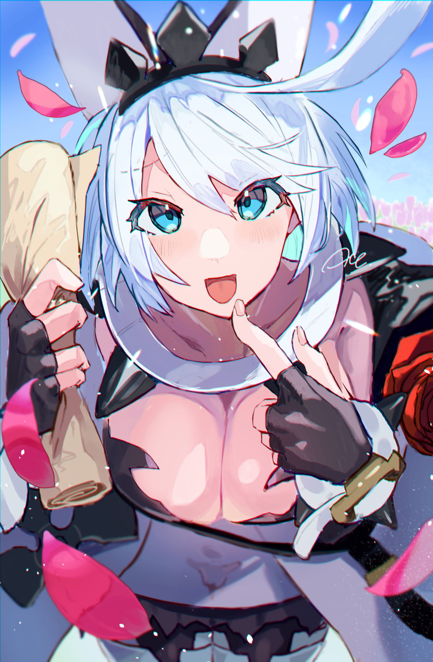 absurdres ahoge animal_ears aqua_hair arere_r breasts bridal_veil cleavage cleavage_cutout clothing_cutout clover collar dress elphelt_valentine fake_animal_ears female finger_to_own_chin fingerless_gloves four-leaf_clover gloves grey_hair guilty_gear guilty_gear_xrd hair_between_eyes hairband highres huge_ahoge large_breasts leaning_forward looking_at_viewer open_mouth paper petals rabbit_ears short_hair solo spiked_collar spiked_hairband spikes veil wedding_dress white_dress