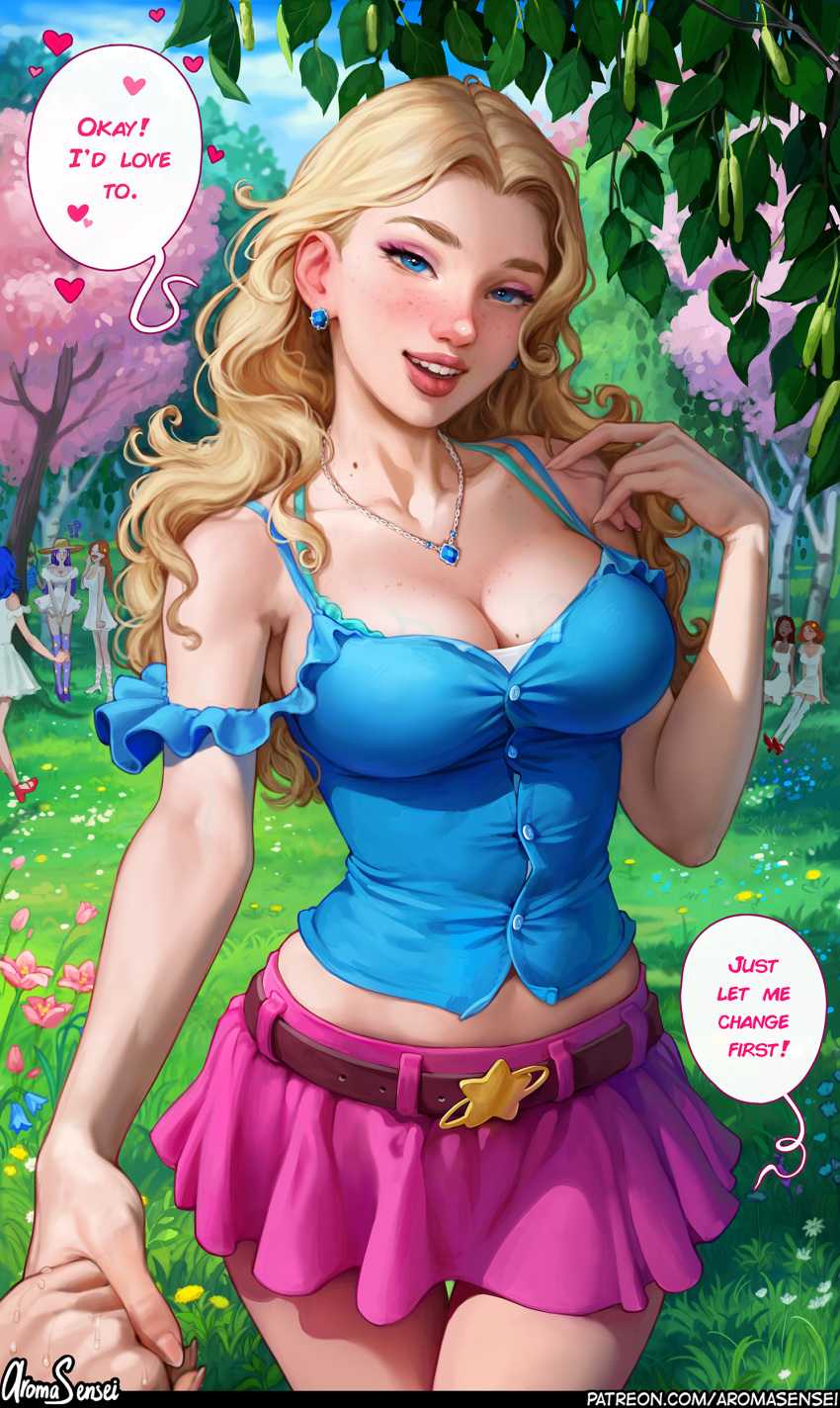 absurdres aqua_footwear aroma_sensei artist_name bare_shoulders belt blonde_hair blue_eyes blue_shirt blush breasts camisole cleavage collarbone contrapposto cowboy_shot english_text eyeshadow female forehead forest frilled_shirt frills grass haley_(stardew_valley) hand_up heart highres holding_hands jewelry large_breasts long_hair looking_at_viewer makeup maru_(stardew_valley) midriff_peek miniskirt mole mole_on_breast nature naughty_face necklace nose open_mouth out_of_frame outdoors parted_hair patreon_username penny_(stardew_valley) petals pink_skirt pov pov_hands reaching reaching_towards_viewer shirt shoes skirt smile socks solo_focus speech_bubble standing star_(symbol) stardew_valley thigh_gap wavy_hair web_address white_socks