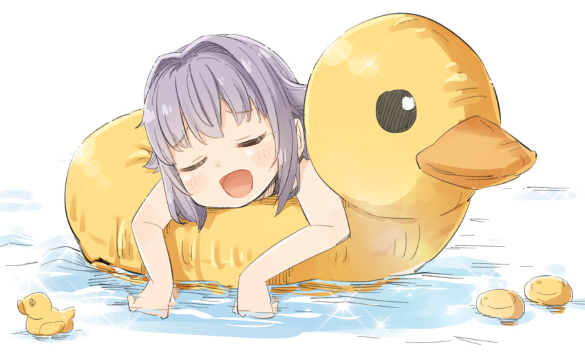 :d bare_arms blush closed_eyes facing_viewer female grey_hair hair_intakes highres idolmaster idolmaster_cinderella_girls inflatable_duck inflatable_toy koshimizu_sachiko open_mouth rubber_duck short_hair simple_background smile solo water white_background yukie_(kusaka_shi)