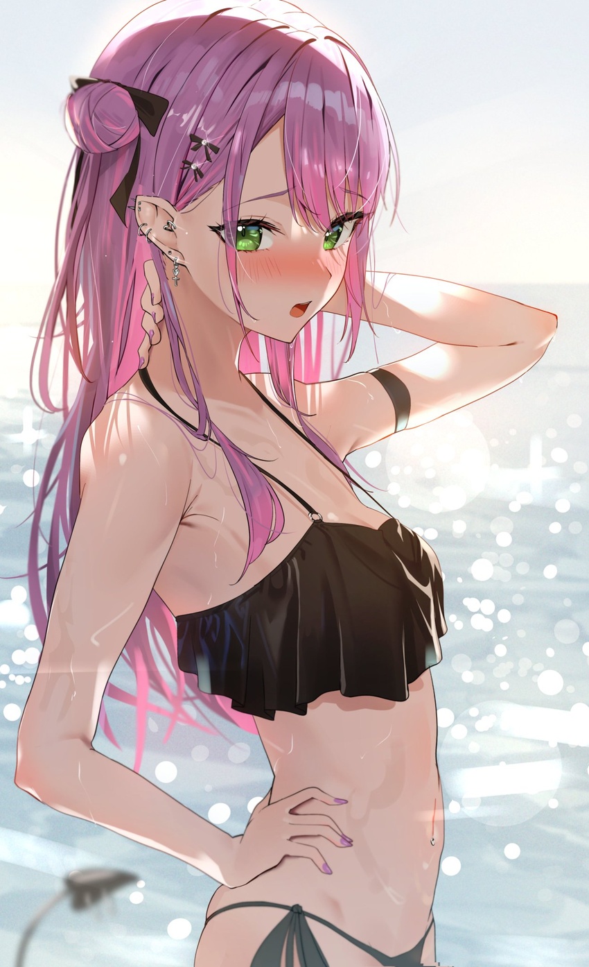 bikini blush breasts colored_inner_hair cowboy_shot demon_tail ear_piercing female frilled_bikini frills green_eyes hair_bun hair_ornament highres hololive long_hair looking_at_viewer multicolored_hair navel open_mouth panda_0035 piercing pink_hair purple_hair revision side-tie_bikini_bottom single_side_bun small_breasts solo stomach streaked_hair swimsuit tail tail_ornament tail_piercing tokoyami_towa virtual_youtuber water wet