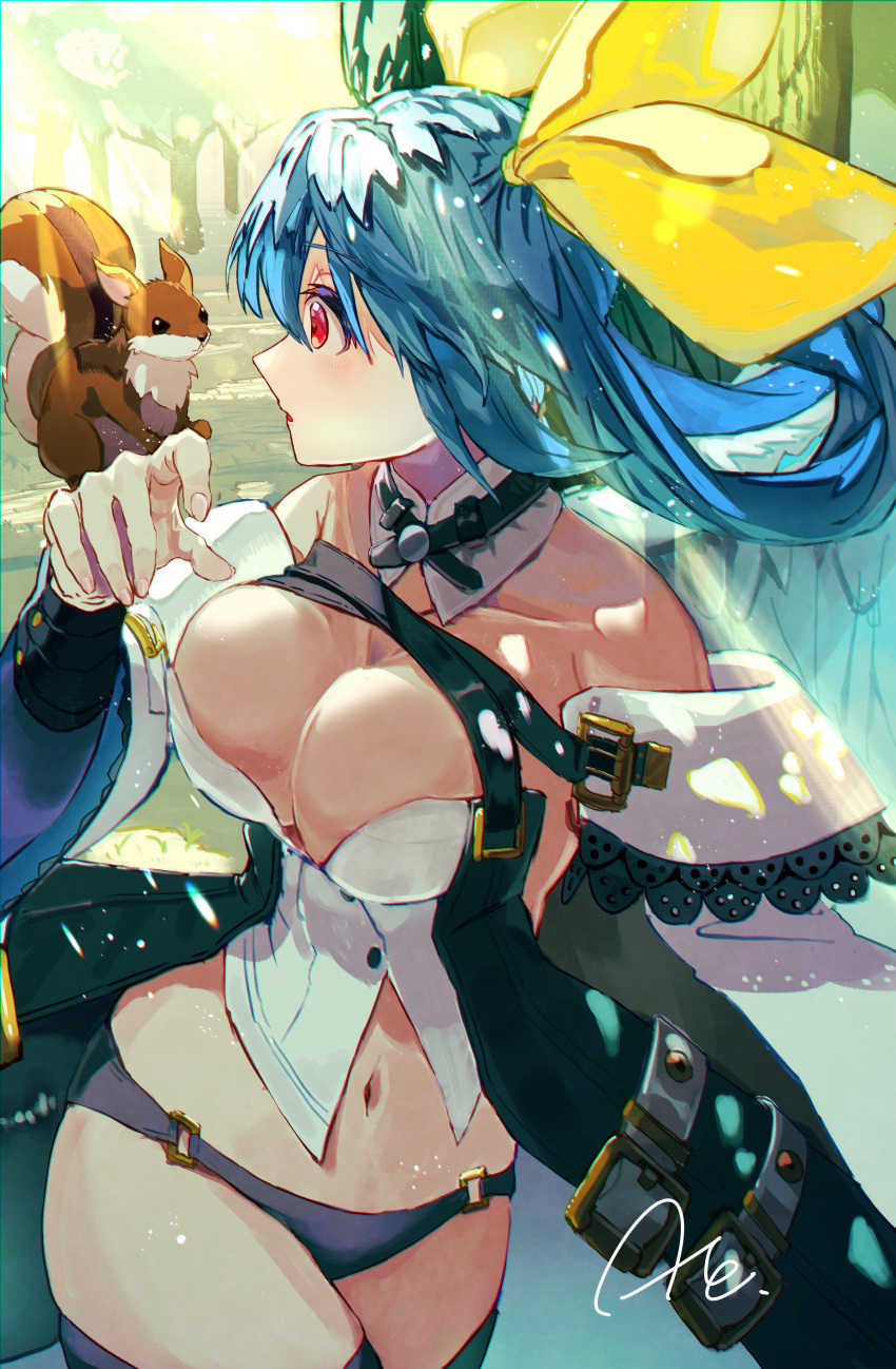 absurdres angel_wings animal_ears arere_r asymmetrical_wings bare_shoulders belt black_panties blue_hair breasts cleavage cleavage_cutout clothing_cutout collarbone detached_collar detached_sleeves dizzy_(guilty_gear) female forest guilty_gear guilty_gear_xrd hair_between_eyes hair_ribbon hair_rings highres large_breasts light_rays long_hair looking_at_another looking_back mature_female midriff monster_girl nature navel open_mouth panties red_eyes ribbon signature skindentation solo squirrel squirrel_ears squirrel_tail stomach sunbeam sunlight tail thick_thighs thigh_strap thighs tree twintails underwear wide_sleeves wings yellow_ribbon