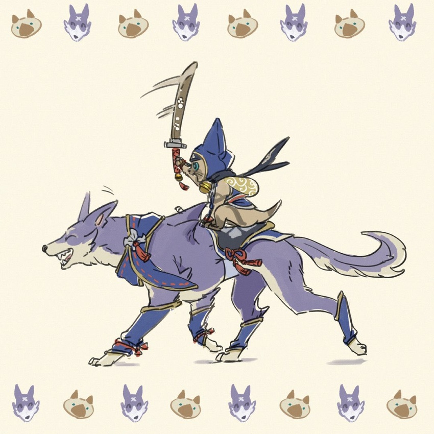 1:1 ambiguous_gender anthro canid canine canis canyne capcom chibi duo felid feline felis felyne feral fluffy happy lynian mammal melee_weapon monster_hunter official_art palamute palico riding shadow size_difference smile sword tail unknown_artist walking weapon