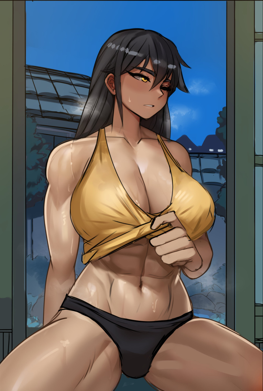 abs absurdres black_hair blue_sky blush breasts cleavage clothes_lift ezzydraws female highres large_breasts long_hair looking_to_the_side muscular muscular_female night one_eye_closed original shirt_lift sky sliding_doors solo sweat tank_top toned tree yellow_eyes