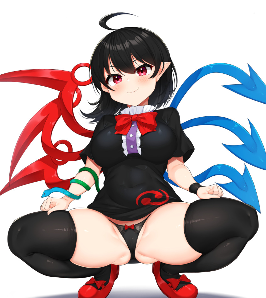 ahoge ass asymmetrical_wings black_dress black_hair black_panties black_thighhighs blue_wings blush breasts center_frills closed_mouth commentary_request daichi_(tokoya) dress female frills full_body highres houjuu_nue large_breasts panties pointy_ears red_eyes red_footwear red_wings shoes short_hair short_sleeves simple_background smile solo squatting thighhighs touhou underwear white_background wings