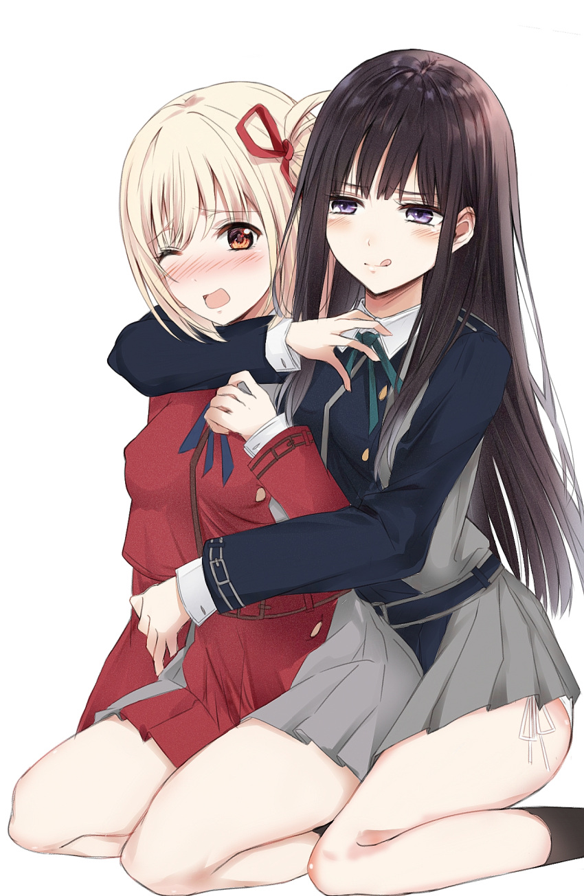 2girls bad_id bad_pixiv_id black_hair blonde_hair blush gangshangguang_(smjy5842) hair_ribbon highres hug hug_from_behind inoue_takina long_hair lycoris_recoil lycoris_uniform medium_hair multiple_girls nishikigi_chisato one_eye_closed open_mouth orange_eyes purple_eyes ribbon seiza simple_background sitting skirt thighs tongue white_background yuri