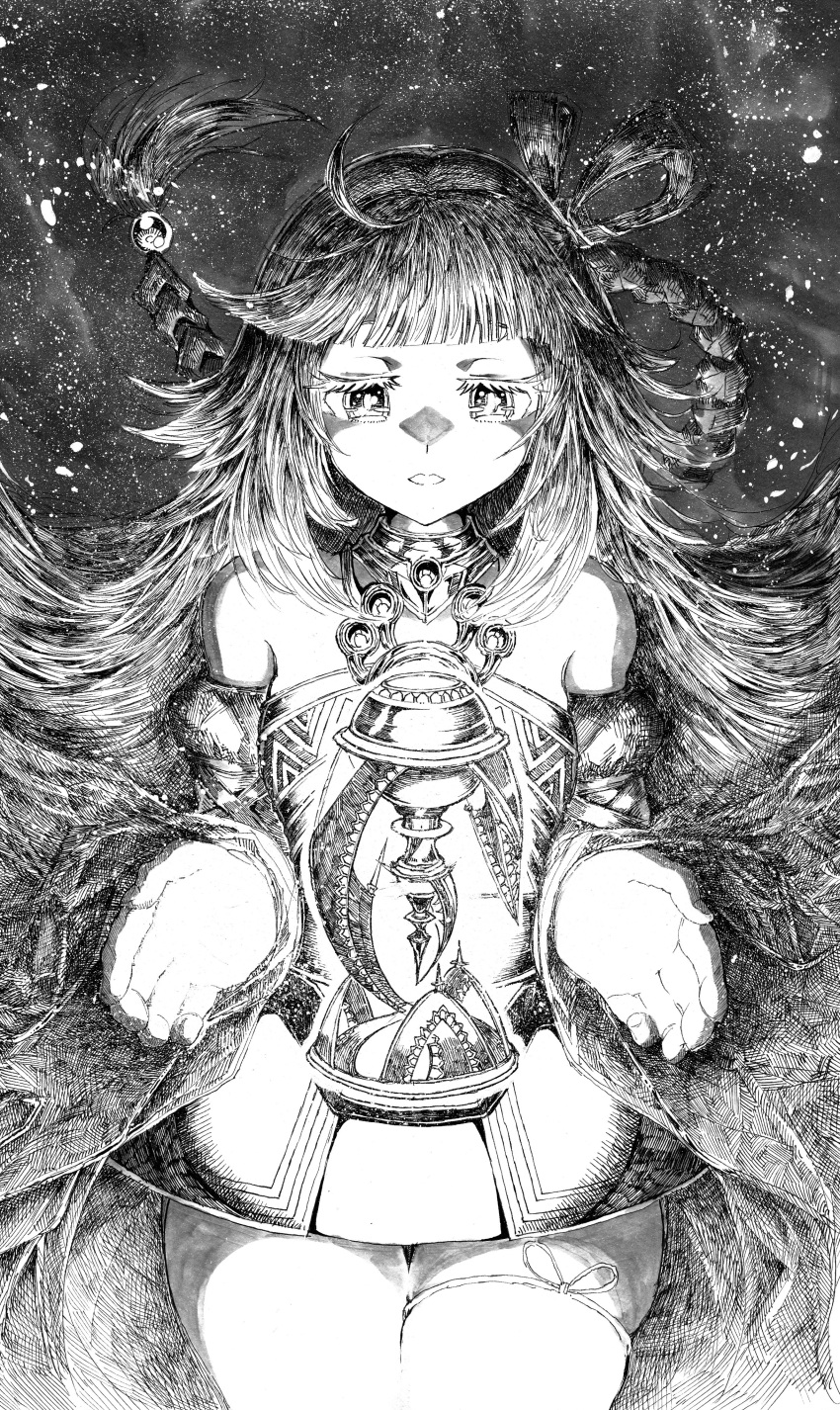 absurdres bare_shoulders braid collar cowboy_shot crowned_by_the_world_chalice detached_sleeves duel_monster female floating floating_hair glowing greyscale hands_up highres ib_(yu-gi-oh!) long_hair long_sleeves metal_collar monochrome parted_lips sea_whites solo wide_sleeves world_legacy_-_world_chalice yu-gi-oh!