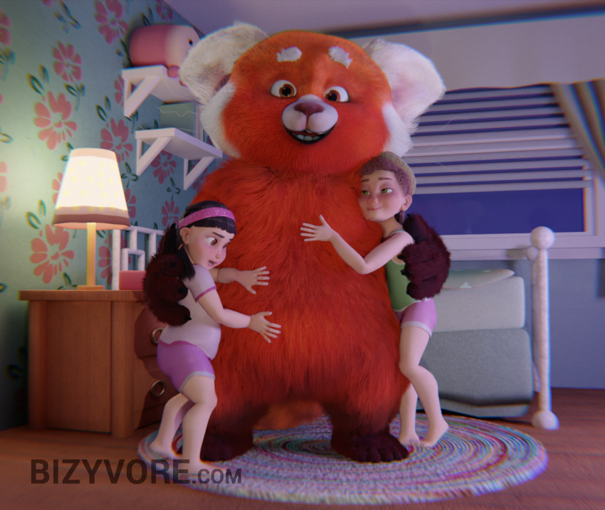 2023 3d_(artwork) abby_park_(turning_red) ailurid anthro bed bedroom belly bizyvore clothed clothing digital_media_(artwork) disney feet female fluffy furniture group human lolicon looking_back mammal meilin_lee_(turning_red) miriam_mendelsohn_(turning_red) pixar red_panda size_difference trio turning_red young