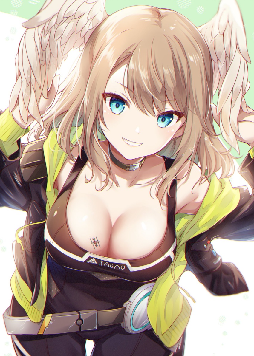 black_jacket black_pants black_shirt blue_eyes breast_tattoo breasts brown_hair cleavage collarbone commentary_request eunie_(xenoblade) feathered_wings female grin head_wings highres hood hood_down hooded_jacket jacket large_breasts long_hair looking_at_viewer open_clothes open_jacket pants shirt sleeveless sleeveless_shirt smile solo swept_bangs tattoo ui_frara wings xenoblade_chronicles_(series) xenoblade_chronicles_3