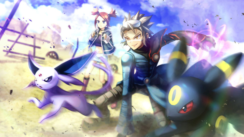 1boy bad_id bad_pixiv_id black_choker blonde_hair boots choker clenched_hands cloud coat commentary_request day espeon female hands_up highres holding holding_poke_ball jacket long_sleeves navel open_clothes open_jacket orange_hair outdoors poke_ball poke_ball_(basic) pokemon pokemon_(creature) pokemon_colosseum purple_shirt rui_(pokemon) shirt short_hair skirt sky spiked_hair squatting standing supino two_side_up umbreon wes_(pokemon)