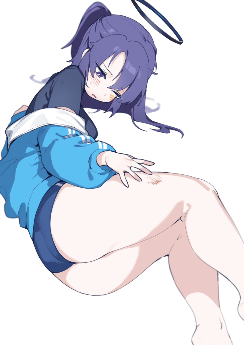 aqua_jacket ass bare_legs black_shirt blue_archive blue_buruma blush breasts buruma commentary_request feet_out_of_frame female halo highres hufy jacket korean_commentary long_hair long_sleeves mechanical_halo medium_breasts official_alternate_costume one_eye_closed open_clothes open_jacket parted_lips ponytail purple_eyes purple_hair shirt simple_background solo sweat tears thighs white_background yuuka_(blue_archive) yuuka_(track)_(blue_archive)