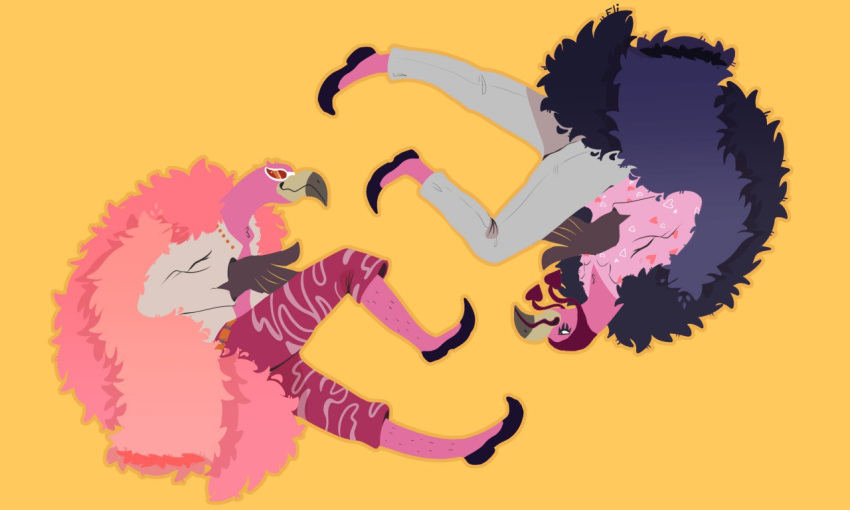 5:3 anthro avian bird brother_(lore) brothers_(lore) donquixote_doflamingo donquixote_rosinante duo elishiia eyewear feathers flamingo male one_piece pink_body pink_feathers sibling_(lore) simple_background sunglasses yellow_background