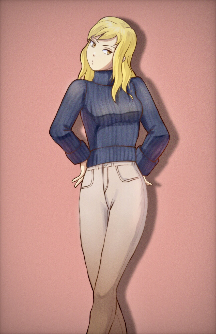 blonde_hair blue_sweater breasts brown_pants casual female final_fantasy final_fantasy_tactics hands_on_own_hips highres long_hair looking_to_the_side medium_breasts milleuda_folles nose open_mouth pants shadow simple_background solo soosupaan sweater yellow_eyes