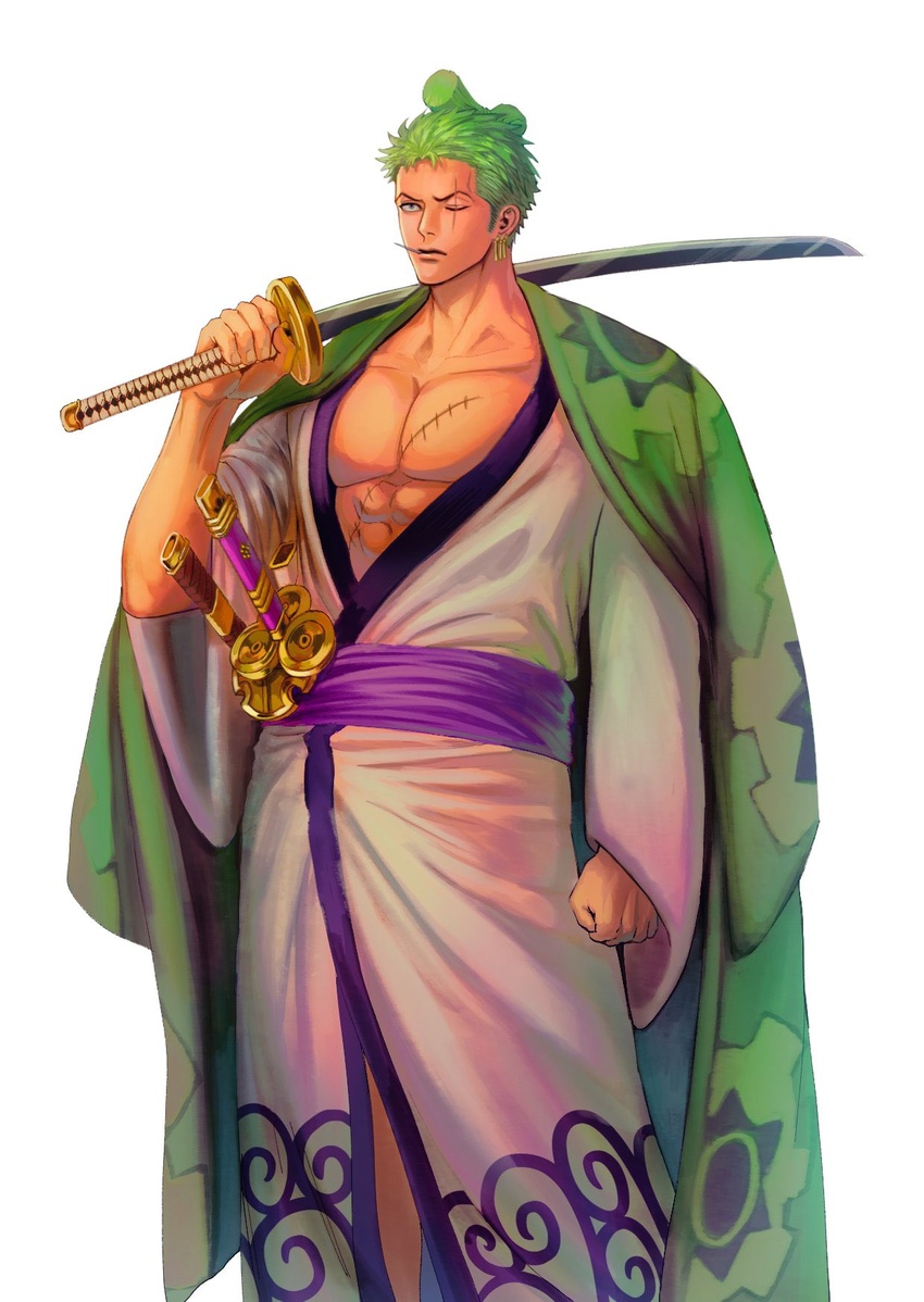 1boy abs bara bare_pectorals earrings expressionless feet_out_of_frame green_hair hair_knot highres japanese_clothes jewelry kimono looking_ahead male_focus no_nipples nok_(nok_1) official_alternate_costume official_alternate_hairstyle one_piece over_shoulder pectorals roronoa_zoro scar scar_across_eye short_hair single_earring solo sword sword_over_shoulder weapon weapon_over_shoulder white_kimono