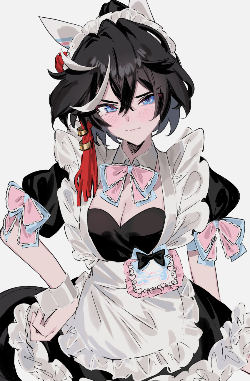 absurdres alternate_costume animal_ears bad_id bad_pixiv_id black_bow black_dress black_hair blue_eyes blush bow breasts cleavage closed_mouth commentary_request dress ear_covers enmaided female frilled_dress frills hair_between_eyes hair_ornament hand_on_own_hip highres horse_ears horse_girl katsuragi_ace_(umamusume) m75255831 maid maid_headdress medium_breasts medium_hair multicolored_hair ponytail puffy_short_sleeves puffy_sleeves short_sleeves solo streaked_hair tassel tassel_hair_ornament two-tone_bow umamusume upper_body white_hair wrist_cuffs