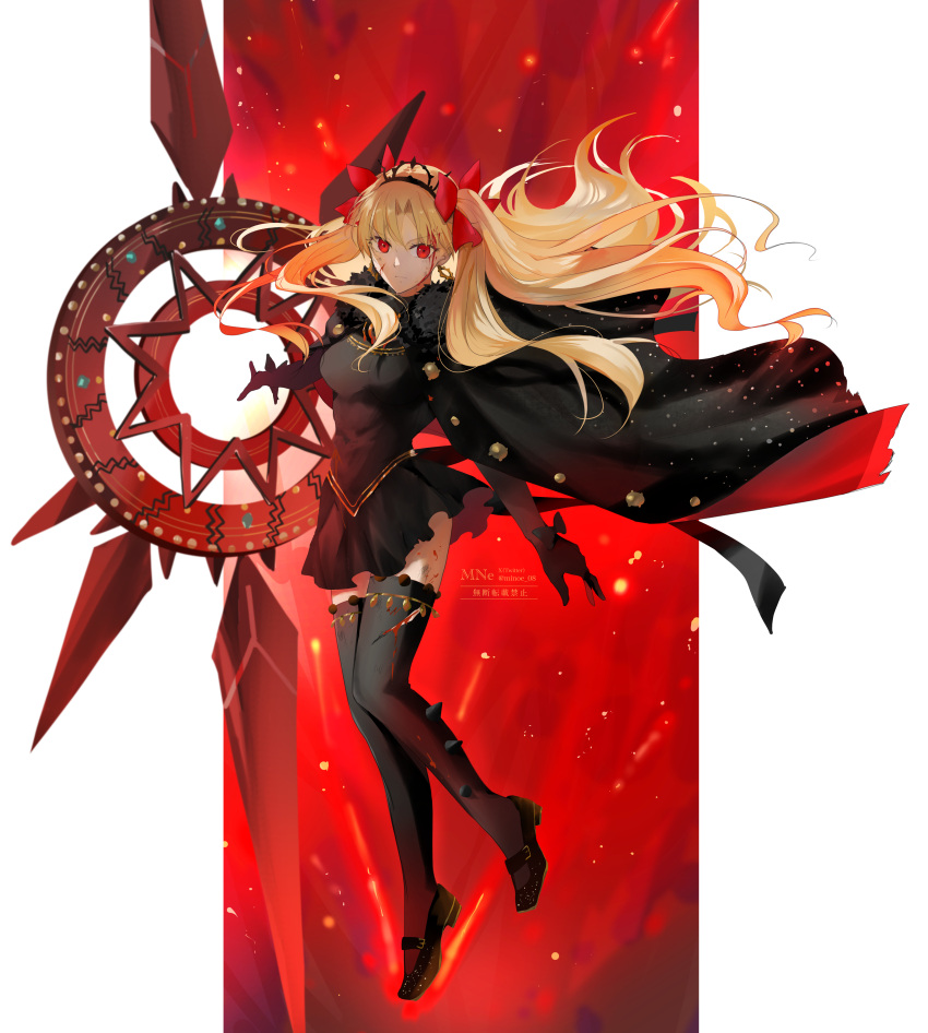 absurdres black_cape black_dress black_gloves black_thighhighs blonde_hair breasts cape dark-skinned_female dark_skin dress earrings ereshkigal_(fate) ereshkigal_alter_(fate) fate/grand_order fate_(series) female full_body fur-trimmed_cape fur_trim gloves hair_ribbon highres hoop_earrings jewelry long_hair long_sleeves looking_at_viewer medium_breasts minoe08 parted_bangs red_eyes ribbon solo thighhighs tiara two_side_up weapon