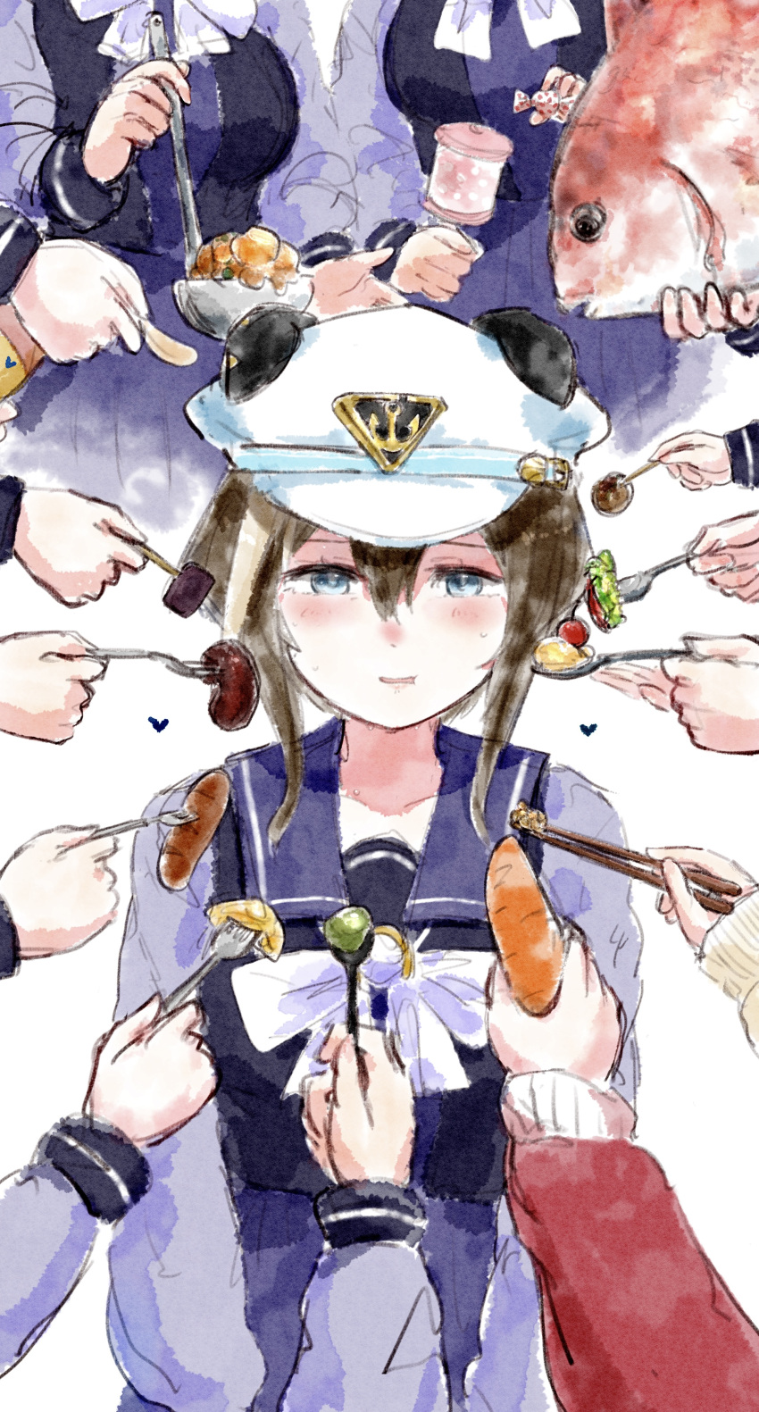 6+girls absurdres anchor_symbol animal animal_ear_headwear animal_ears annotation_request arms_at_sides blush bow bowtie brown_hair candy carrot character_request cheval_grand_(umamusume) chips_(food) chopsticks collarbone commentary cowboy_shot cropped_legs ears_down fake_animal_ears feeding fish food food_request fork gold_ship_(umamusume) grey_eyes half-closed_eyes hat hat_belt head_out_of_frame heart highres holding holding_fork holding_ladle holding_rattle holding_spoon horse_girl john_wick kitasan_black_(umamusume) ladle multicolored_hair multiple_girls muranchu open_mouth out_of_frame partially_annotated peaked_cap poster_parody potato_chips purple_bow purple_bowtie purple_sailor_collar purple_serafuku purple_skirt rattle sailor_collar salad sausage school_uniform sea_bream serafuku short_hair_with_long_locks simple_background skirt smile solo_focus spoon stew streaked_hair super_creek_(umamusume) surrounded sweat takoyaki tracen_school_uniform tracen_training_uniform umamusume white_background white_headwear wrapped_candy