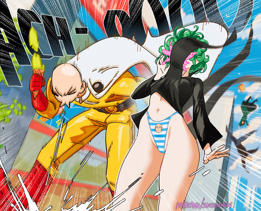 2boys 2girls accidental_exposure assisted_exposure bald belt black_belt black_dress black_shirt blue_sky boots breasts building cape character_print cloud collared_dress commentary covered_navel day dress eating emphasis_lines english_commentary food front-print_panties fubuki_(one-punch_man) gloves green_dress green_eyes green_hair highleg highleg_panties highres holding holding_food holding_ice_cream ice_cream king_(one-punch_man) long_sleeves multiple_boys multiple_girls one-punch_man outdoors panties patreon_username print_panties red_footwear red_gloves saitama_(one-punch_man) shirt siblings sisters sky small_breasts sneezing snegovski standing striped_clothes striped_panties tatsumaki thighs tongue tongue_out underwear web_address white_cape