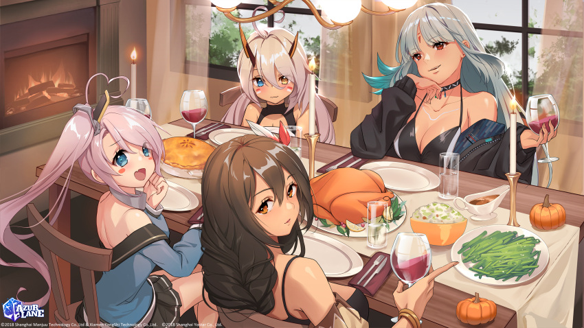 4girls ahoge alcohol azur_lane bikini bikini_top_only bikini_under_clothes black_bikini black_jacket blue_eyes body_markings bodypaint braid breasts cup dark-skinned_female dark_skin drinking_glass facial_mark feather_hair_ornament feathers fireplace food forehead_mark fork gravy gravy_boat green_bean hair_between_eyes hair_ornament heart heart-shaped_pupils heart_ahoge heterochromia highres indianapolis_(azur_lane) indoors jacket large_breasts lucidsky massachusetts_(azur_lane) multiple_girls native_american official_art open_mouth partially_unzipped pie plate portland_(azur_lane) purple_hair second-party_source side_ponytail smile south_dakota_(azur_lane) swimsuit symbol-shaped_pupils thanksgiving tri_braids turkey_(food) unzipped wine wine_glass