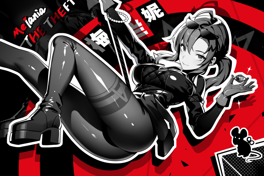 95--- ahoge ass bad_id bad_pixiv_id boots bracelet catsuit character_name diamond_(gemstone) eyewear_on_head female gem gloves highres holding holding_gem jewelry looking_at_viewer melania_(reverse:1999) mouse_(animal) parody pearl_bracelet persona persona_5 phantom_thief reverse:1999 solo style_parody sunglasses toy_mouse winding_key