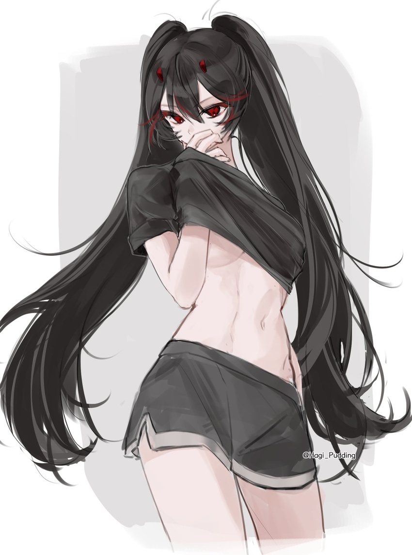 abs black_hair black_shirt black_shorts covering_own_mouth female guilty_challenge_(meme) hair_between_eyes hand_over_own_mouth highres long_hair lucia:_plume_(punishing:_gray_raven) lucia_(punishing:_gray_raven) meme multicolored_hair navel nellku24 punishing:_gray_raven red_eyes red_hair shirt short_sleeves shorts sidelocks solo streaked_hair twintails very_long_hair