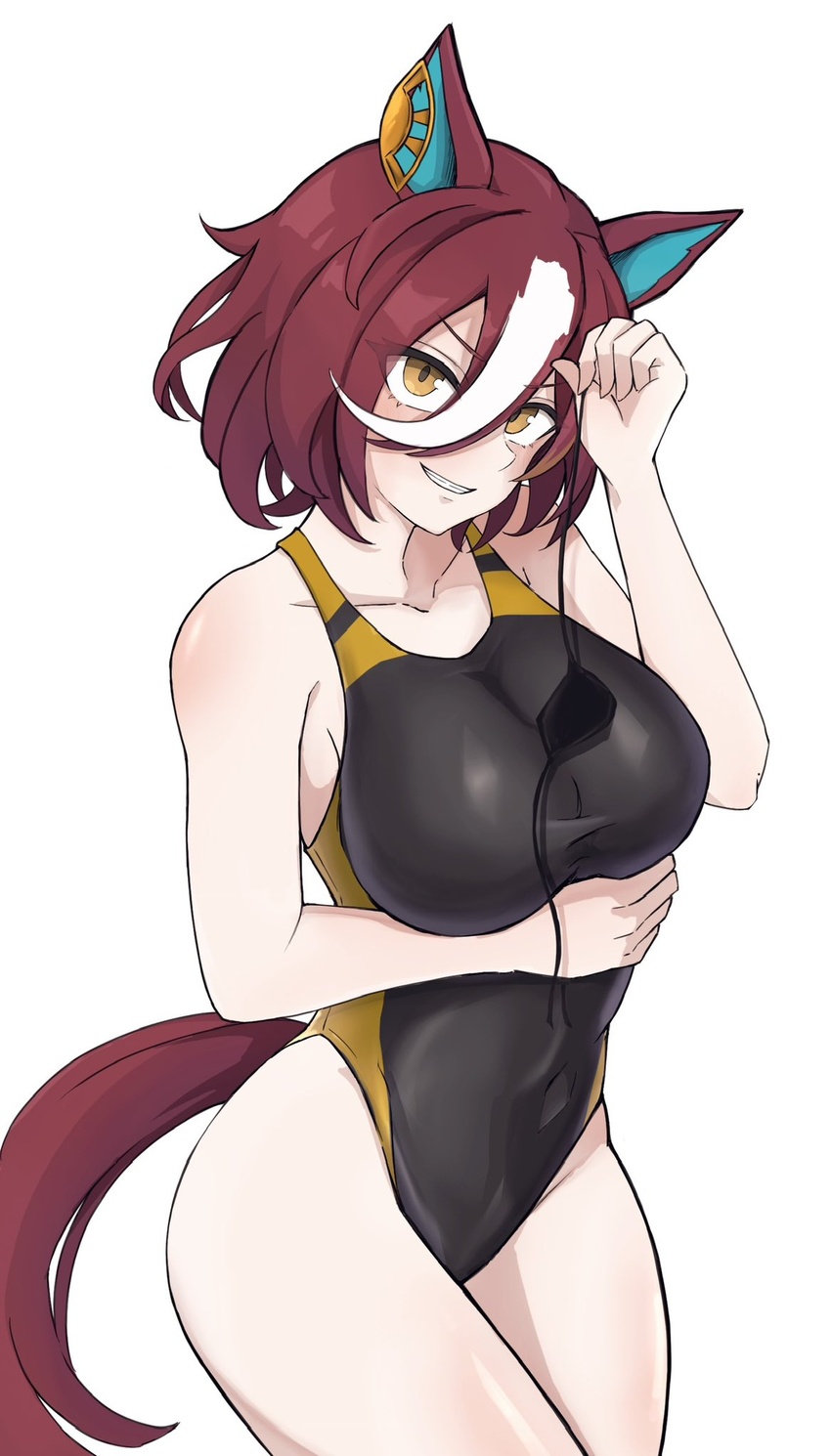 animal_ears bare_shoulders black_one-piece_swimsuit breasts brown_hair commentary_request cowboy_shot ear_ornament eyepatch female grin hair_between_eyes highres horse_ears horse_girl horse_tail looking_at_viewer medium_breasts miya_nns35 multicolored_hair one-piece_swimsuit short_hair simple_background smile solo streaked_hair swimsuit tail tanino_gimlet_(umamusume) umamusume unworn_eyepatch white_background white_hair yellow_eyes