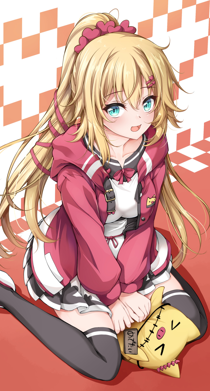 absurdres akai_haato akai_haato_(casual) black_thighhighs blonde_hair blue_eyes blush breasts dress female haaton_(akai_haato) hair_ornament hair_ribbon hairpin heart heart_hair_ornament highres hololive jacket large_breasts long_hair looking_at_viewer maineko_ruru official_alternate_costume open_mouth ponytail red_jacket red_ribbon ribbon smile thighhighs virtual_youtuber white_dress