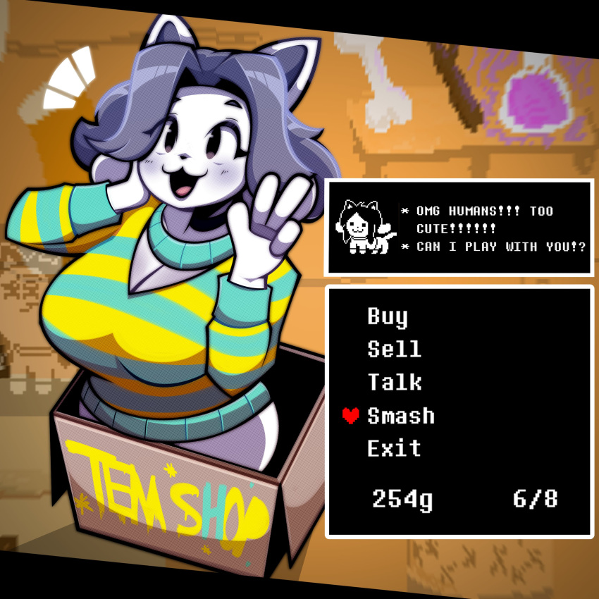 1:1 absurd_res anthro bottomless box breasts brown_eyes cat_smile cleavage clothed clothing container detailed_background dialogue domestic_cat english_text felid feline felis female fur gameplay_mechanics grey_hair hair hi_res human_fetish inside letherisreal mammal pattern_clothing pattern_sweater pattern_topwear smile solo store striped_clothing striped_sweater striped_topwear stripes sweater talking_to_viewer tem temmie_(undertale) text topwear undertale undertale_(series) white_body white_fur