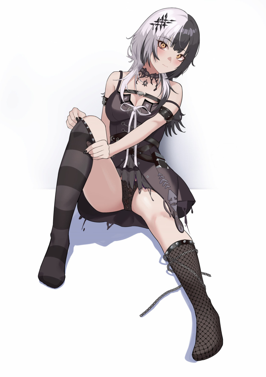 absurdres adjusting_clothes adjusting_legwear arm_strap asymmetrical_legwear bare_shoulders black_choker black_dress black_hair black_nails black_panties blush breasts chains chest_belt choker cleavage closed_mouth dress feet female fishnet_socks fishnets full_body grey_hair hair_ornament head_tilt highres hololive hololive_english knee_up looking_at_viewer mismatched_legwear multicolored_hair nail_polish no_shoes off_shoulder panties pantyshot shift_(shiftillust) shiori_novella shiori_novella_(1st_costume) simple_background sitting socks solo split-color_hair strap_slip striped_clothes striped_socks thighs two-tone_hair underwear virtual_youtuber white_background yellow_eyes