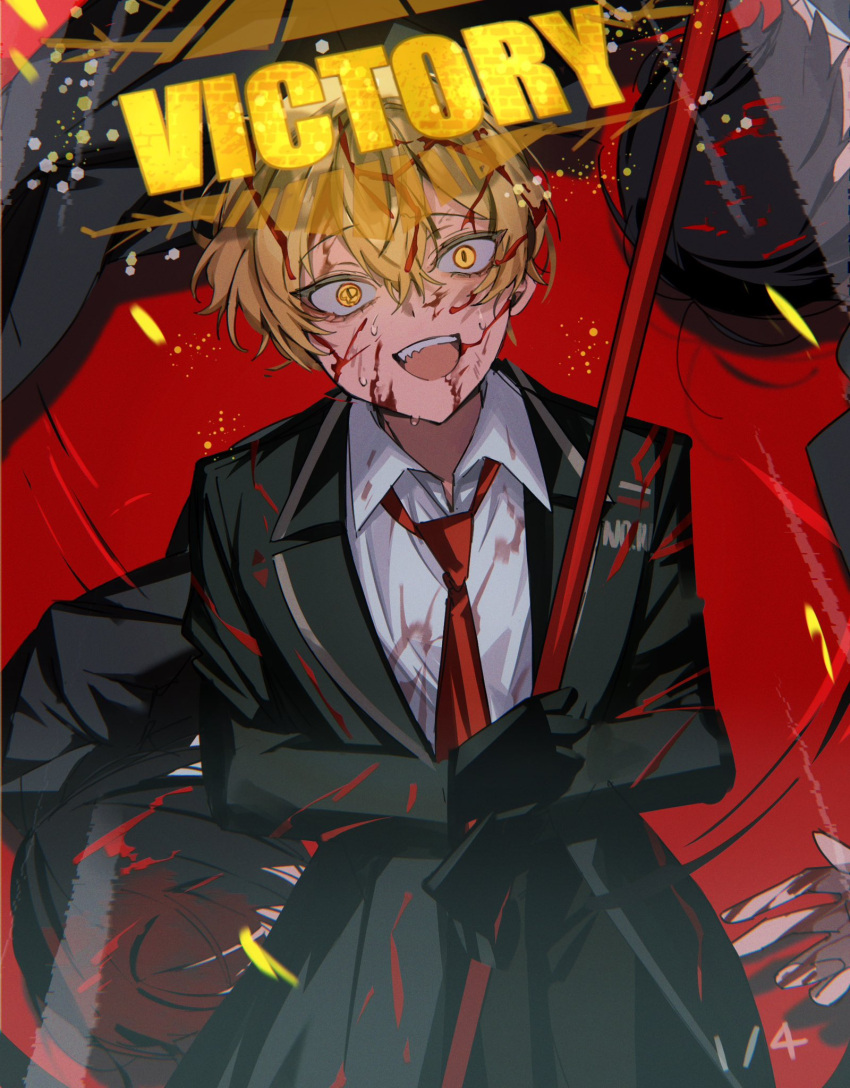 1boy bishounen black_gloves blonde_hair blood blood_on_clothes blood_on_face e.g.o_(project_moon) english_text gloves highres limbus_company male_focus mu46016419 necktie open_mouth project_moon red_necktie shirt short_hair sinclair_(project_moon) solo suit white_shirt yellow_eyes