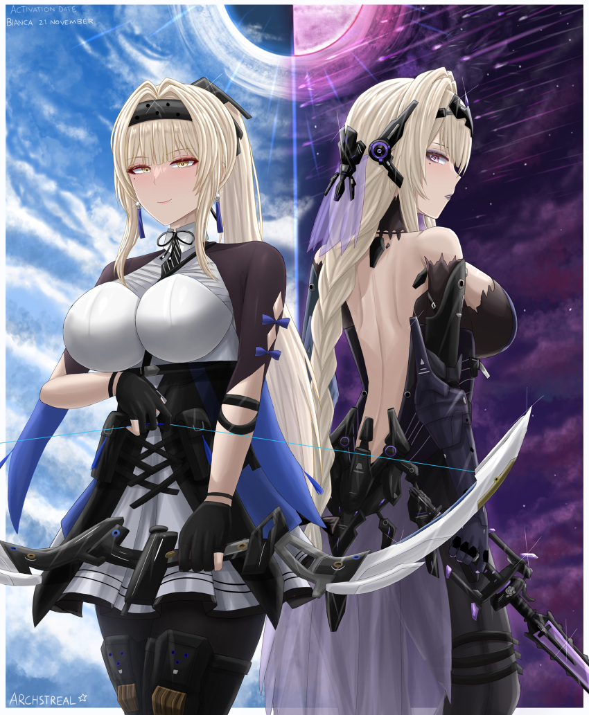 absurdres archstreal back bare_shoulders bianca:_stigmata_(punishing:_gray_raven) bianca:_veritas_(punishing:_gray_raven) bianca_(punishing:_gray_raven) black_gloves blonde_hair blush bow_(weapon) breasts commentary english_commentary female gloves hair_ornament highres holding holding_bow_(weapon) holding_weapon large_breasts long_hair looking_at_viewer mole mole_under_eye multiple_views parted_lips punishing:_gray_raven purple_eyes purple_lips smile weapon yellow_eyes