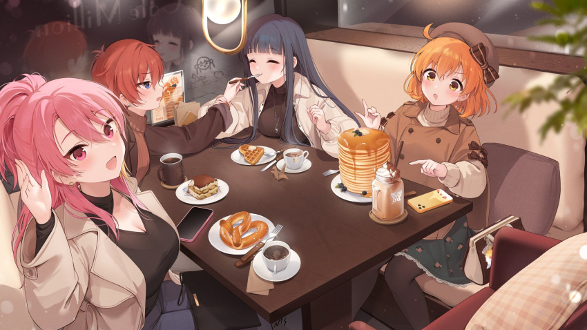 4girls ^_^ alternate_costume blueberry breasts casual cellphone cleavage cleavage_cutout closed_eyes clothing_cutout coffee coffee_mug counting cup eating feeding food fruit glass green_hair highres idolmaster idolmaster_million_live! idolmaster_million_live!_theater_days julia_(idolmaster) kitakami_reika large_breasts looking_at_another looking_at_food looking_at_viewer maihama_ayumu maple_syrup millionstars_team7th mug multiple_girls nys orange_hair pancake pancake_stack phone pink_hair pretzel reflection restaurant saucer sitting teacup tiramisu v-neck waffle yabuki_kana