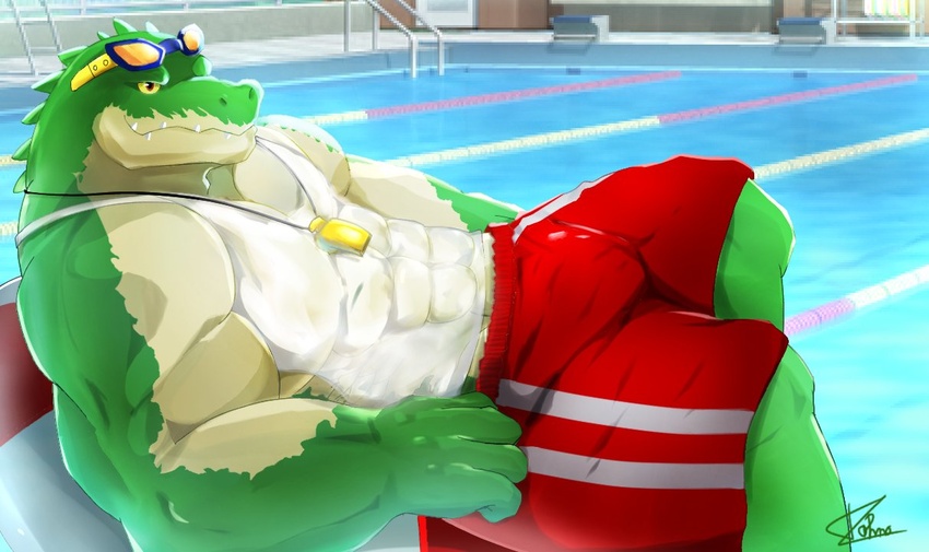 anthro bulge clothed clothing crocodile crocodilian crocodylid green_body humanoid inflatable jaxdoggo_ig league_of_legends lying male muscular muscular_anthro muscular_male pool_float pool_party_renekton pool_toy renekton reptile riot_games scalie shirt smile solo swimming_pool tank_top teeth tencent topwear water