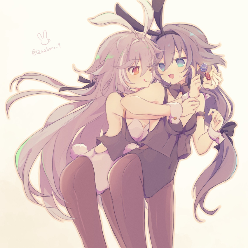 2girls ;q animal_ears black_bow black_hairband black_leotard black_vest blue_eyes blue_hair blush bow braid breasts brown_background brown_pantyhose closed_mouth commentary_request fu_hua fu_hua_(herrscher_of_sentience) grey_hair hair_between_eyes hairband hairbow highres honkai_(series) honkai_impact_3rd konoquro leaning_forward leotard long_hair multicolored_hair multiple_girls one_eye_closed orange_eyes pantyhose playboy_bunny poker_chip rabbit_ears rabbit_tail red_eyes simple_background small_breasts smile standing streaked_hair tail tongue tongue_out twitter_username very_long_hair vest white_hairband white_leotard wrist_cuffs