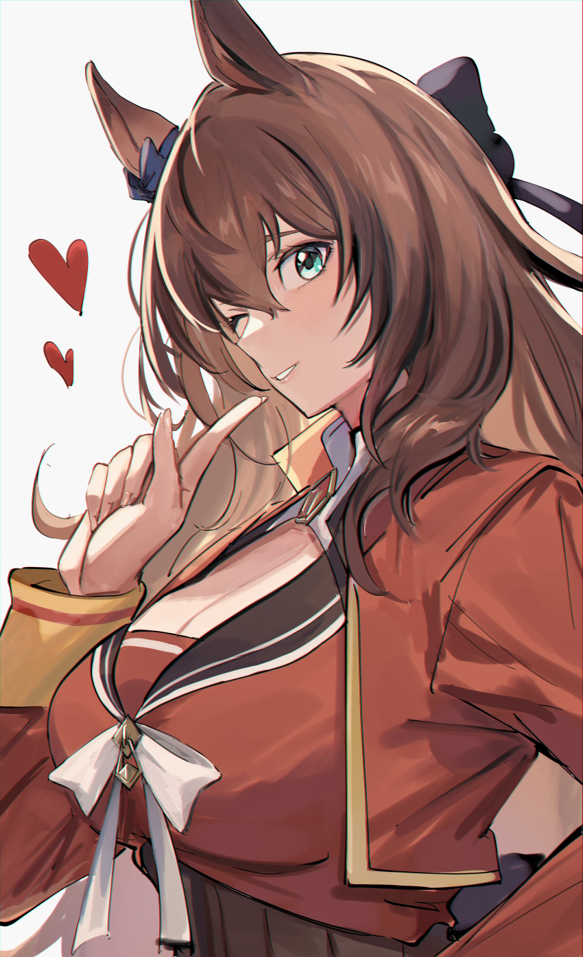 absurdres animal_ears black_bow blue_bow bojue_(hakus_1128) bow bowtie breasts brown_hair cleavage ear_bow female finger_to_mouth from_side green_eyes hairbow heart highres horse_ears horse_girl index_finger_raised jacket large_breasts long_hair long_sleeves looking_at_viewer looking_to_the_side maruzensky_(umamusume) red_jacket red_shirt shirt solo umamusume upper_body wavy_hair white_bow white_bowtie