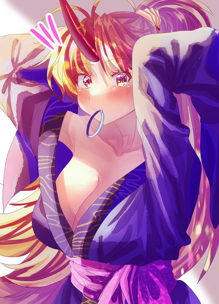 absurdres antenna_hair armpits arms_up blush breasts cleavage collarbone fang_out female hair_tie_in_mouth hayashida_chiyo highres horns hoshiguma_yuugi hoshiguma_yuugi_(kimono) japanese_clothes kimono large_breasts long_hair looking_at_viewer mouth_hold notice_lines obi oerba_yun_fang oni_horns ponytail purple_kimono sash solo touhou tying_hair upper_body very_long_hair