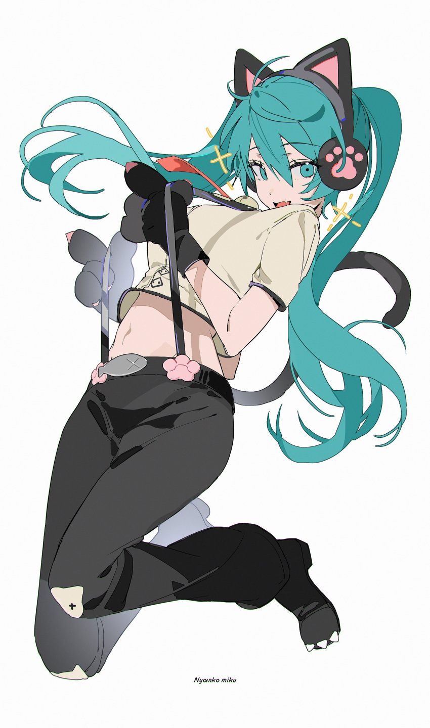 absurdres alternate_costume animal_ear_headphones animal_ears animal_hands aqua_eyes aqua_hair black_gloves black_pants brown_shirt cat_tail character_name double-parted_bangs fake_animal_ears female floating full_body gloves hair_between_eyes hatsune_miku headphones highres long_hair looking_at_viewer midriff navel nyan_ko_(module) oerba_yun_fang open_mouth pants paw_gloves project_diva_(series) puffy_pants pulling_own_clothes shirt short_sleeves simple_background skin_fang solo suspenders suspenders_pull tail twintails vocaloid white_background z3zz4