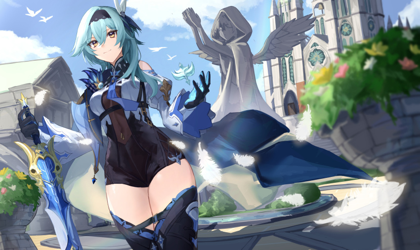 absurdres bird black_gloves black_hairband blue_cape blue_gloves blue_hair blue_necktie blue_sky boots breasts cape chest_harness church clothing_cutout cloud cowboy_shot dutch_angle eula_(genshin_impact) falling_feathers feathers female genshin_impact gloves gomago_magoma greatsword hair_between_eyes hair_ornament hairband hands_up harness high-waist_shorts highres holding holding_sword holding_weapon juliet_sleeves light_smile long_sleeves looking_ahead medium_breasts medium_hair necktie object_floating_above_hand outdoors puffy_sleeves shorts shoulder_cutout sky solo song_of_broken_pines_(genshin_impact) statue sword thigh_boots thighs vision_(genshin_impact) weapon white_bird wide_sleeves yellow_eyes