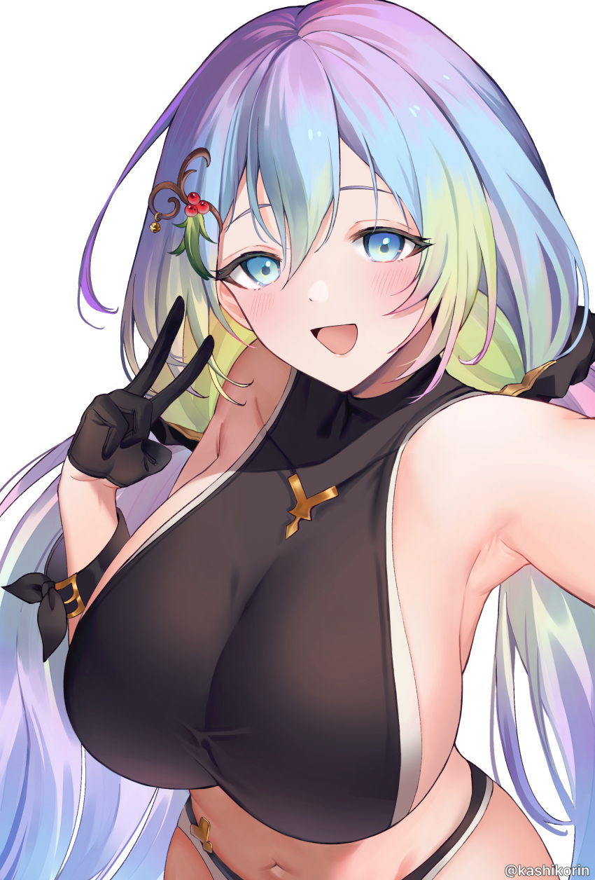 absurdres armpits artist_name bikini black_bikini black_bikini_bottom black_gloves blue_eyes blush breasts cupitan_(granblue_fantasy) cupitan_(summer)_(granblue_fantasy) female gloves gradient_hair granblue_fantasy hair_between_eyes hair_ornament highres huge_breasts long_hair looking_at_viewer low_twintails multicolored_hair navel open_mouth rainbow_hair selfie sideboob simple_background smile solo swimsuit twintails v very_long_hair white_background yuntae