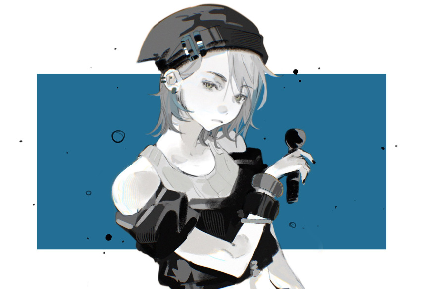 androgynous asymmetrical_bangs bare_shoulders beanie blue_background blue_hair bubble chinese_commentary commentary_request crop_top crop_top_overhang don't_lose_faith!_(project_sekai) ear_piercing female frown grey_hair greyscale_with_colored_background hat highres hinomori_shiho holding holding_microphone kissingbrig looking_at_viewer microphone midriff_peek multicolored_hair multiple_bracelets nail_polish off_shoulder official_alternate_costume parted_lips piercing project_sekai short_hair short_sleeves solo spot_color streaked_hair streetwear tank_top thick_eyebrows two-tone_background upper_body white_background