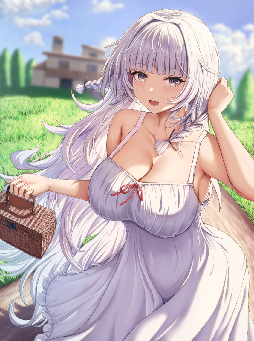 :d alternate_costume azur_lane bare_arms bare_shoulders basket blunt_bangs blurry blush braid breasts buran_(22x) cleavage collarbone commentary_request commission day depth_of_field dress female grey_eyes hand_up highres holding holding_basket house large_breasts long_hair looking_at_viewer open_mouth outdoors skeb_commission smile solo sundress twin_braids very_long_hair vittorio_veneto_(azur_lane) white_dress white_hair