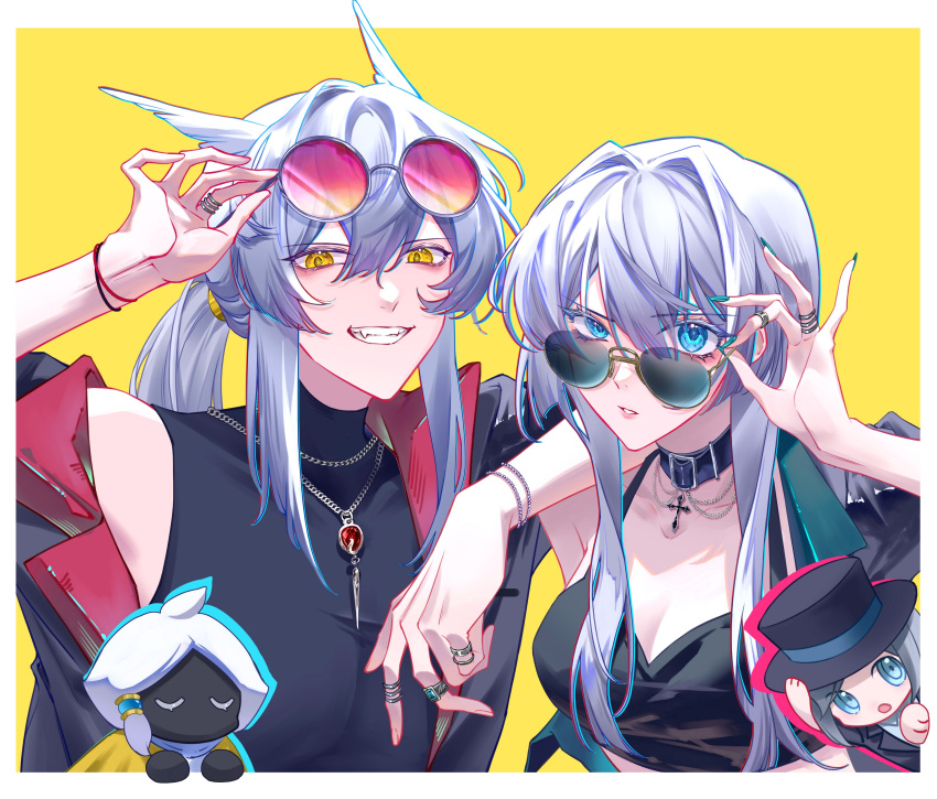 1boy 3girls absurdres adjusting_eyewear androgynous animal_ears black_collar black_jacket black_shirt black_tank_top blue-tinted_eyewear blue_eyes blue_nails bracelet breasts character_request chinese_commentary choker chromatic_aberration cleavage collar commentary_request cross cross_choker dikke_(reverse:1999) fingernails grey_hair highres jacket jewelry long_fingernails long_hair looking_at_viewer looking_over_eyewear medium_breasts mimizuku_(sky:_children_of_the_light) multiple_girls multiple_rings necklace oerba_yun_fang open_clothes open_jacket parted_lips pink-tinted_eyewear reverse:1999 ring shirt simple_background sky:_children_of_the_light sunglasses tank_top tingjiuzhuozhu tinted_eyewear vertin_(reverse:1999) yellow_background yellow_eyes