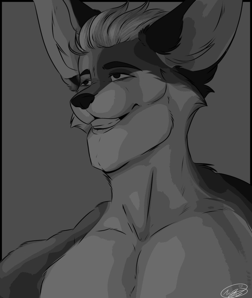 2023 anthro big_chin big_ears canid canine cursed_image eyebrows fox gigachad grey_background greyscale hair hi_res lips male mammal meme monochrome muscular muscular_anthro muscular_male open_mouth pecs portrait reaction_image signature simple_background smile solo sweetvixenarts teeth